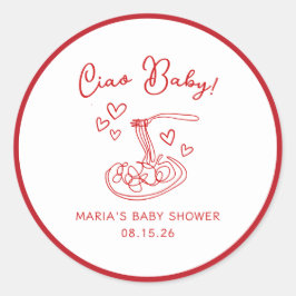 Pegatina Redonda ¡Ciao Bebé! Baby Shower de pasta italiana dibujada
