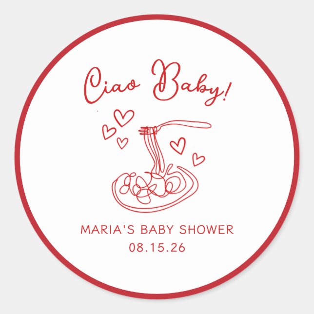 Pegatina Redonda ¡Ciao Bebé! Baby Shower de pasta italiana dibujada (Anverso)