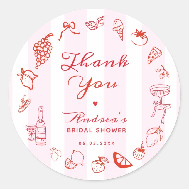 Pegatina Redonda Ciao Bella Hand Drawn Bridal Shower Thank You (Anverso)