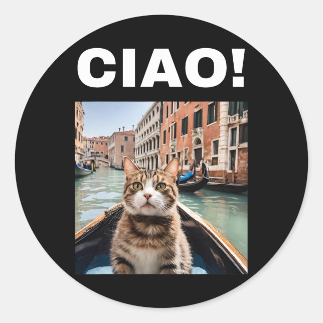 Pegatina Redonda Ciao Funny Gondolier Cat En Un Gondola Veneciano (Anverso)
