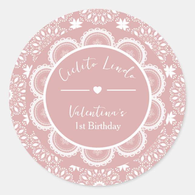 Pegatina Redonda Cielito Lindo Cumpleaños 1 Rosa (Anverso)