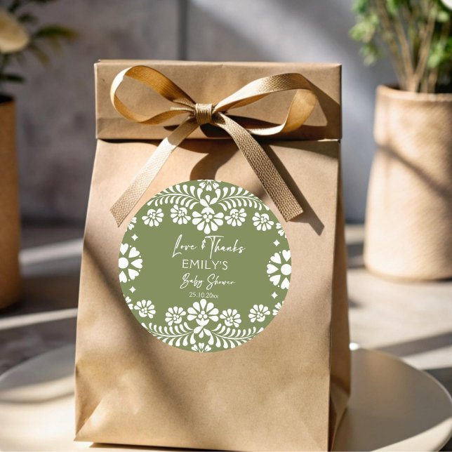 Pegatina Redonda Cielito lindo sage ducha infantil mexicana verde (Cielito lindo sage green Mexican fiesta papel picado baby shower favor Sticker personalized favors)