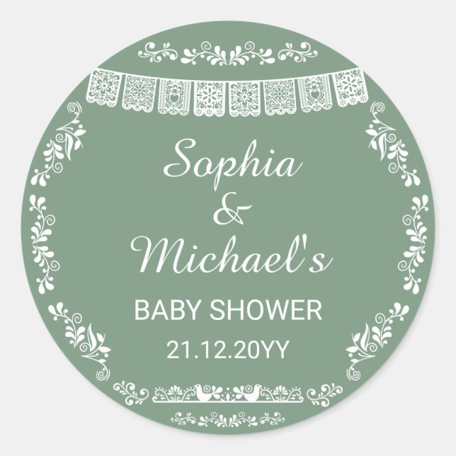 Pegatina Redonda Cielito Lindo Sage Green Papel Picado Baby Shower (Anverso)