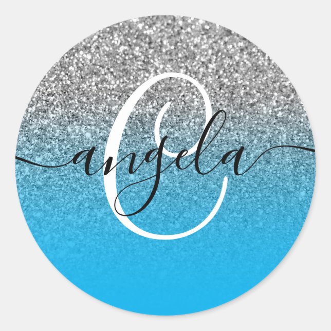 Pegatina Redonda Cielo de Ombre Azul con Brillo Plateado Monogramad (Anverso)