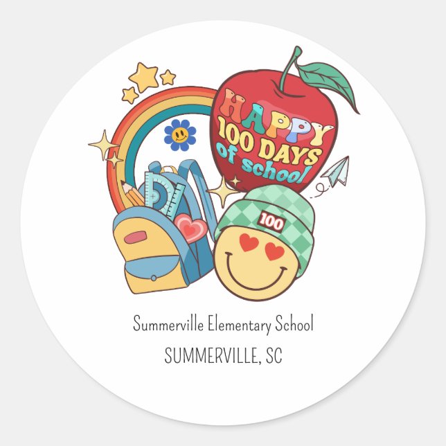 Pegatina Redonda Cien días de clases 100 días 100° Groovy (Anverso)