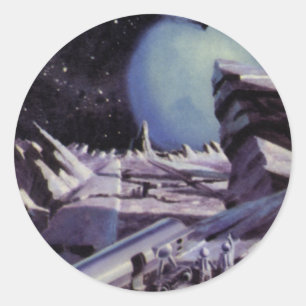 Pegatina Redonda Ciencia ficción vintage, alienígenas en la luna en