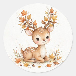 Pegatina Redonda Ciervo Adorable Hojas de Otoño