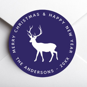 Pegatina Redonda Ciervo Ciervo Azul Blanco Feliz Navidad Fiestas