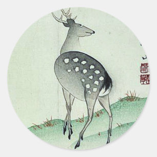 Pegatina Redonda Ciervos en el otoño Ukiyoe