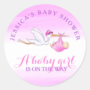 Pegatina Redonda Cigüeña de acuarela rosa para baby shower personal