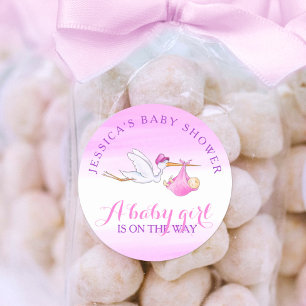 Pegatina Redonda Cigüeña de acuarela rosa para baby shower personal