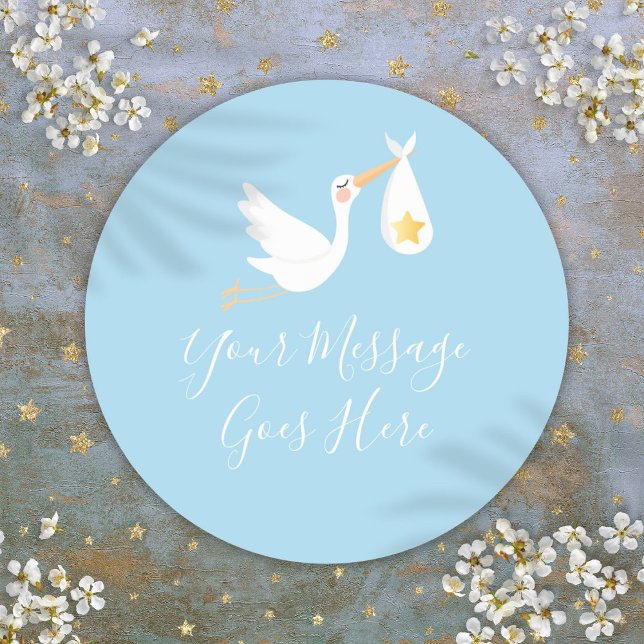 Pegatina Redonda Cigüeña de entrega especial Gold Star Baby Blue (Special Delivery Stork Gold Star Baby Blue Classic Round Sticker)
