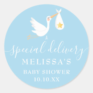 Pegatina Redonda Cigüeña de entrega especial para baby shower azul