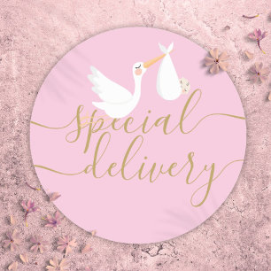 Pegatina Redonda Cigüeña de entrega especial y rosa de bebé