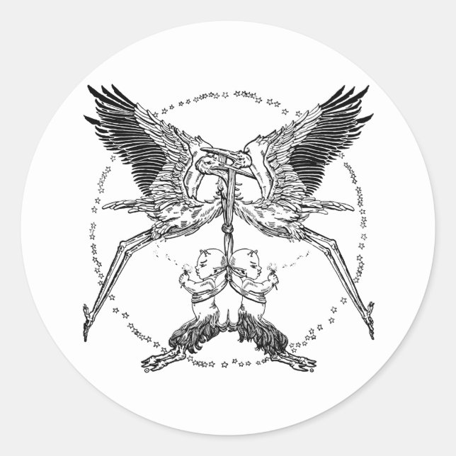 Pegatina Redonda Cigüeñas y sátiras (Anverso)