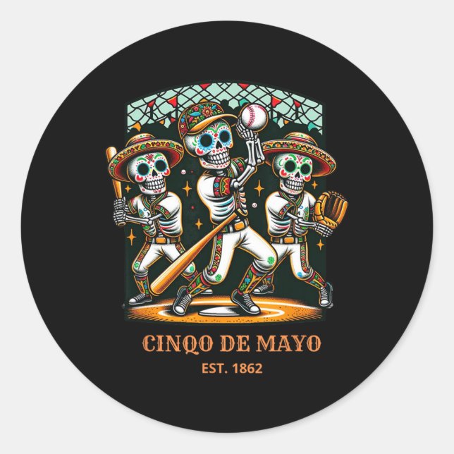 Pegatina Redonda Cinco De Mayo Bysebyll Skeletons (Anverso)