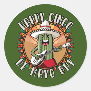 Pegatina Redonda Cinco De Mayo Cactus Mexicano Divertido Tocando Gu