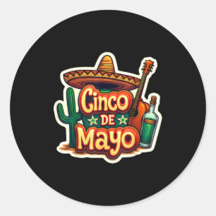 Pegatina Redonda Cinco De Mayo Cactus Mexicano Sombrero Guitarra Fi