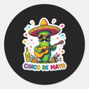 Pegatina Redonda Cinco de mayo divertido cactus mexicano gafas de s