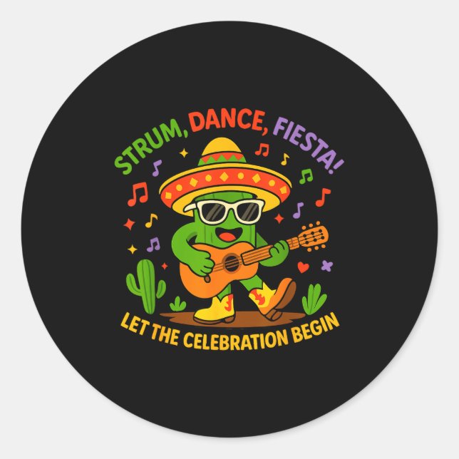 Pegatina Redonda Cinco de mayo funny cactus sombrero strum danceCin (Anverso)