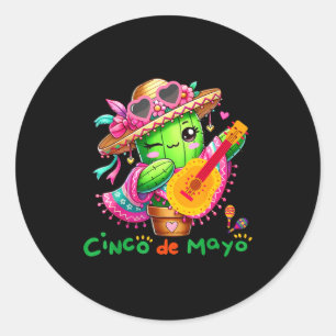 Pegatina Redonda Cinco De Mayo Guitarra Mexicana Cactus Para Hombre