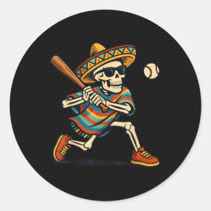 Pegatina Redonda Cinco De Mayo Mariachi Skeleton Baseball Mexicano 