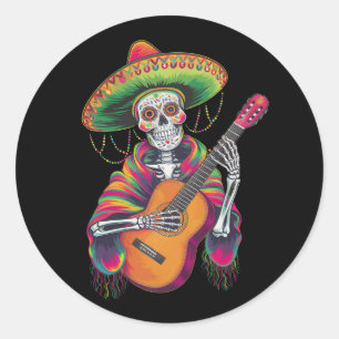 Pegatina Redonda Cinco De Mayo Skeleton Skull Fiesta Guitar