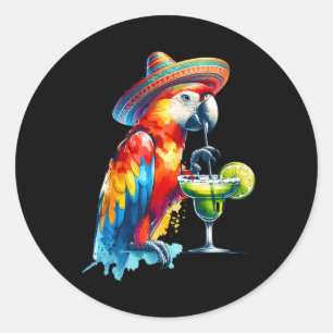 Pegatina Redonda Cinco De Mayo Sombrero Mexicano Loro Bebiendo Un M
