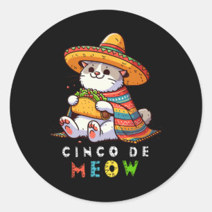 Pegatina Redonda Cinco De Meow Con Taco De Gato Sonriente Y Sombrer