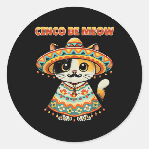 Pegatina Redonda Cinco De Meow Funny Cat Sombrero Fiesta Humor