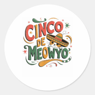 Pegatina Redonda Cinco De Meow Funny Gato Sombrero Fiesta Humor Gat