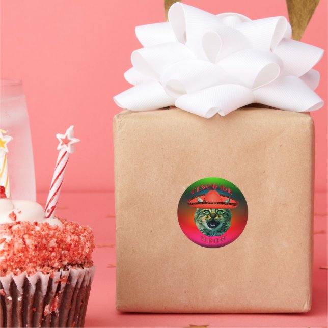 Pegatina Redonda Cinco Gris de miau como cinco de mayo en México (Fiesta)