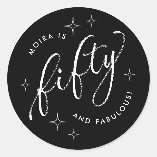 Pegatina Redonda Cincuenta y fabuloso negro moderno 50 cumpleaños (Anverso)