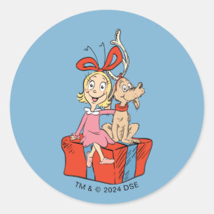 Pegatina Redonda Cindy Lou Who y Max en un regalo
