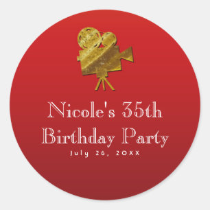 Pegatina Redonda Cine Rojo y Estrellas Doradas Favor de Fiesta de H