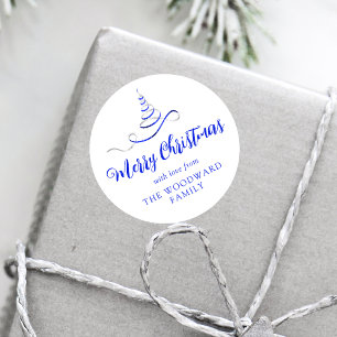 Pegatina Redonda Cinta Árbol de Navidad Azul Plata Script Merry Chr