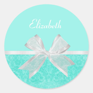Pegatina Redonda Cinta blanca Girly Aqua Turquoise Damask Con Nombr