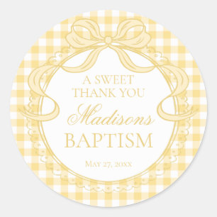 Pegatina Redonda Cinta Coqueta de Gingham Amarillo Favor de Bautizo
