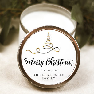 Pegatina Redonda Cinta de árbol de Navidad en oro negro Script Feli