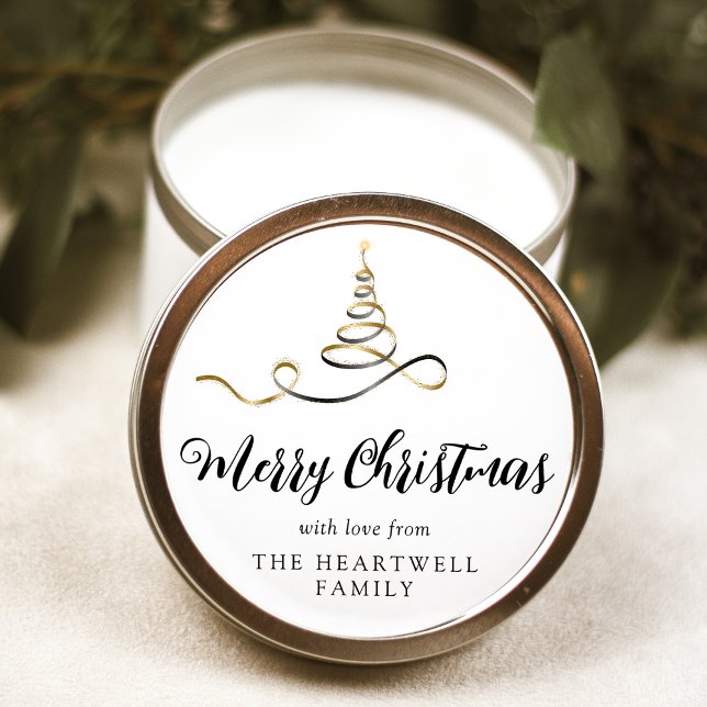 Pegatina Redonda Cinta de árbol de Navidad en oro negro Script Feli (Subido por el creador)