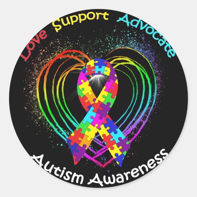Pegatina Redonda Cinta de autismo en el corazón: (Anverso)