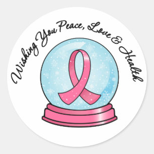 Pegatina Redonda Cinta de Cáncer de Mama Feliz Navidad Snowglobe