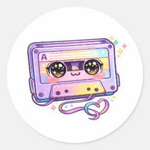 Pegatina Redonda Cinta de casete retro Kawaii linda Pastel Púrpura