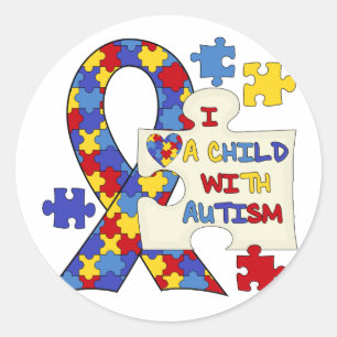 Pegatina Redonda Cinta De Concienciación Sobre El Niño Con Autismo