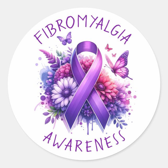 Pegatina Redonda Cinta de Concienciación sobre Fibromialgia (Anverso)