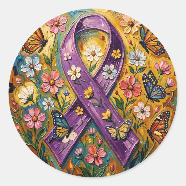 Pegatina Redonda Cinta de Concientización sobre la Fibro Morada (Anverso)