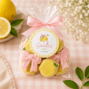 Pegatina Redonda Cinta de gingham rosa limón 