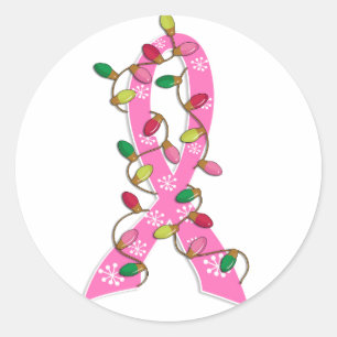 Pegatina Redonda Cinta de las luces de navidad del cáncer de pecho