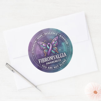 Pegatina Redonda Cinta de mariposa de concienciación sobre la fibro
