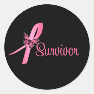 Pegatina Redonda Cinta de Mariposa Rosa - Superviviente de Cáncer d